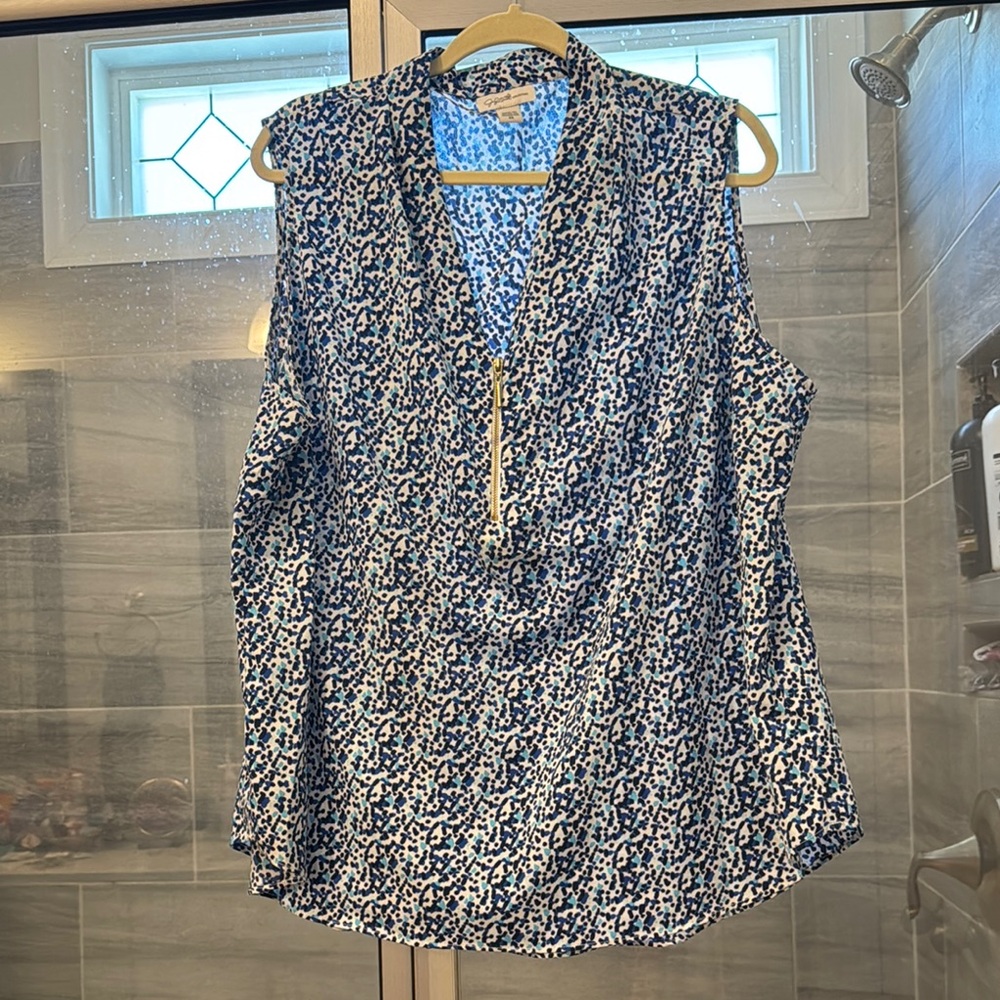 Blue and White Flutter Sleeve Blouse